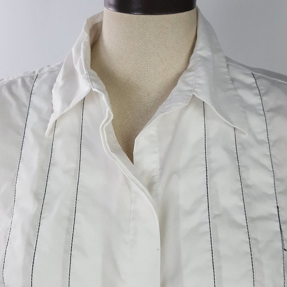 Antilia Femme Women size L Blouse Buttons Down Collared Pleated Stretch - Picture 2 of 9